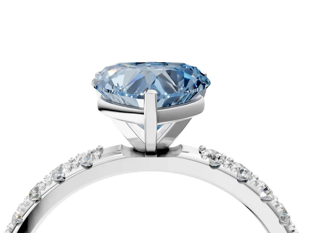 Fancy Blue Heart Cut Diamond Solitaire Pavé Band with Four-Prong Setting Silver