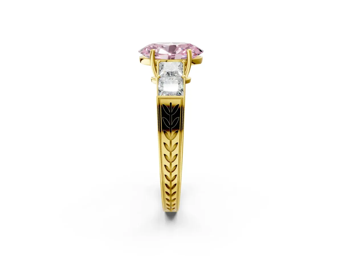 Fancy Pink Oval Cut Solitaire Princess Side Stone Engraved Band Prong Setting Ring Yellow gold