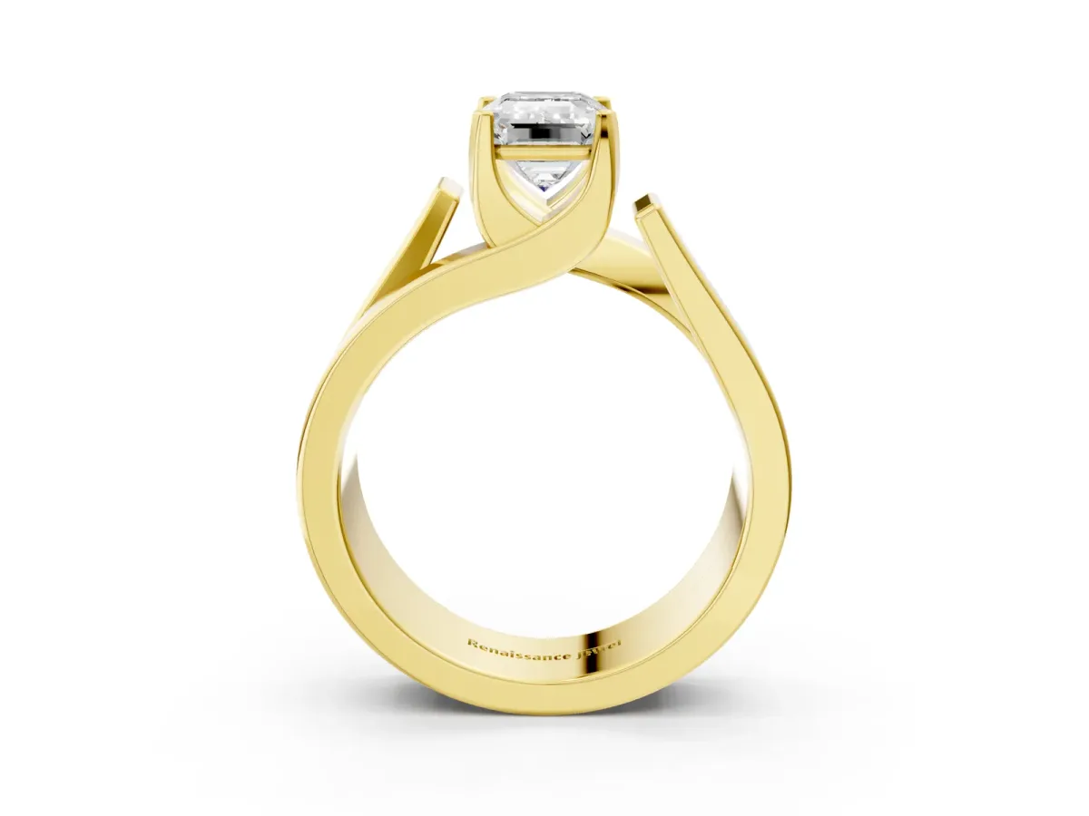 Modern Tension Set Emerald Cut Diamond Solitaire Wide Band Ring Yellow gold