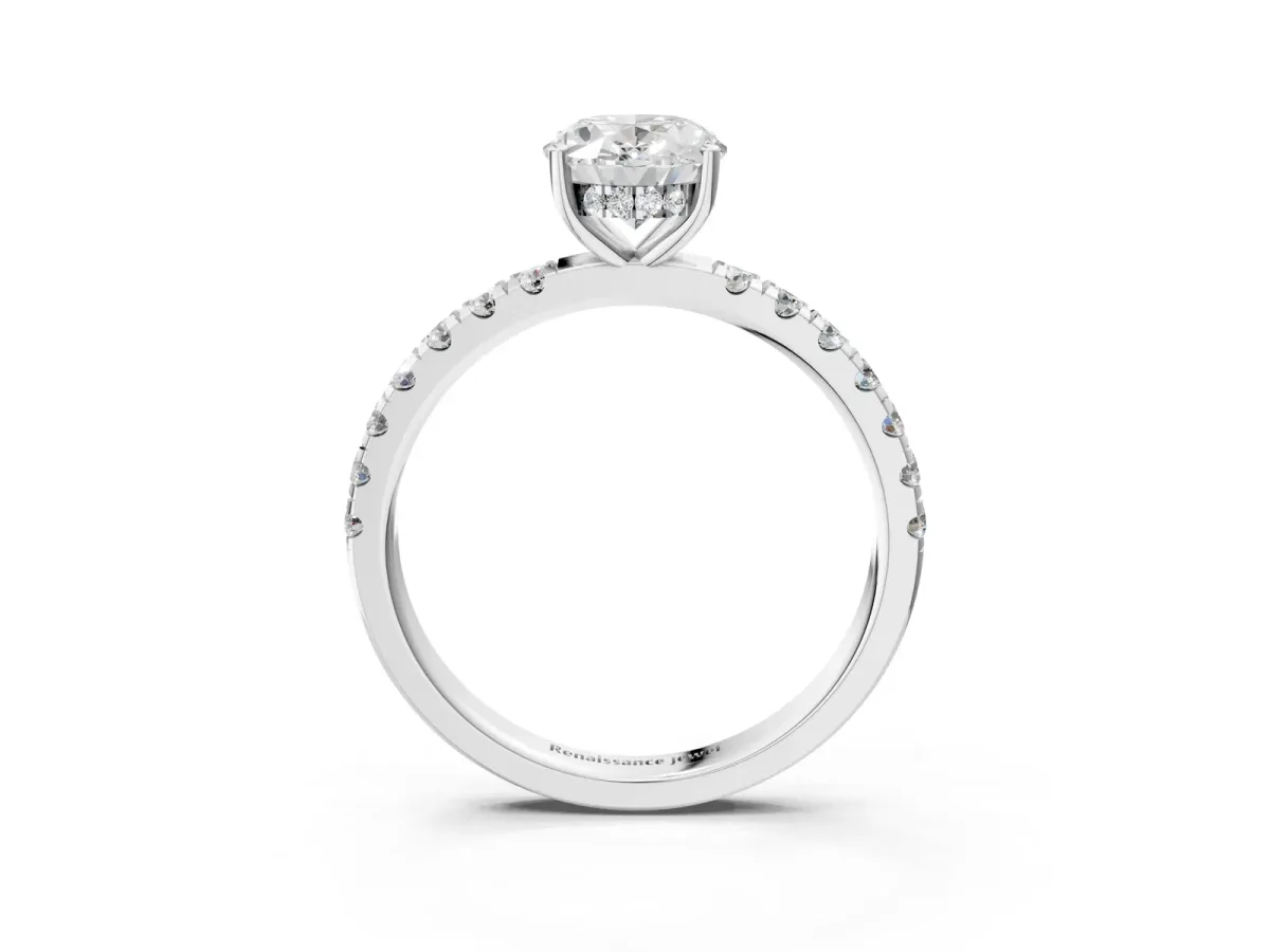 Oval Cut Diamond Pave Band Solitaire Ring with Round Moissanite and Prong Setting Silver