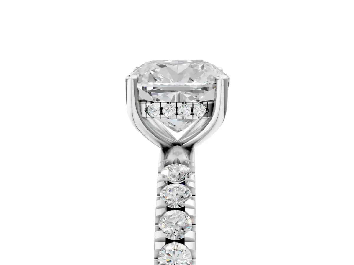 Cushion Cut Diamond Pave Band Solitaire Ring with Round Moissanite and Prong Setting Silver