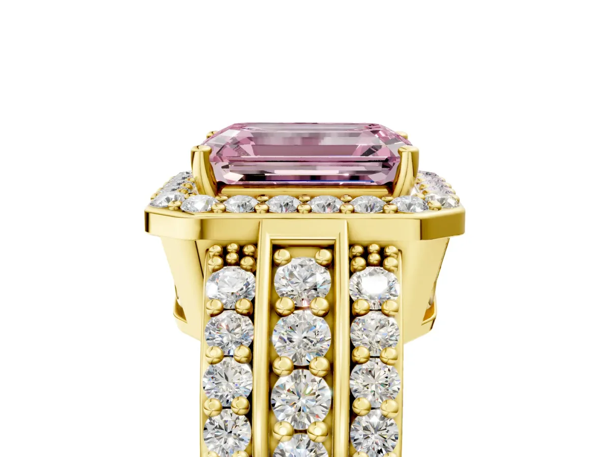 Fancy Pink Emerald Cut Halo Diamond Ring with Round Split Shank and Prong Setting Yellow gold