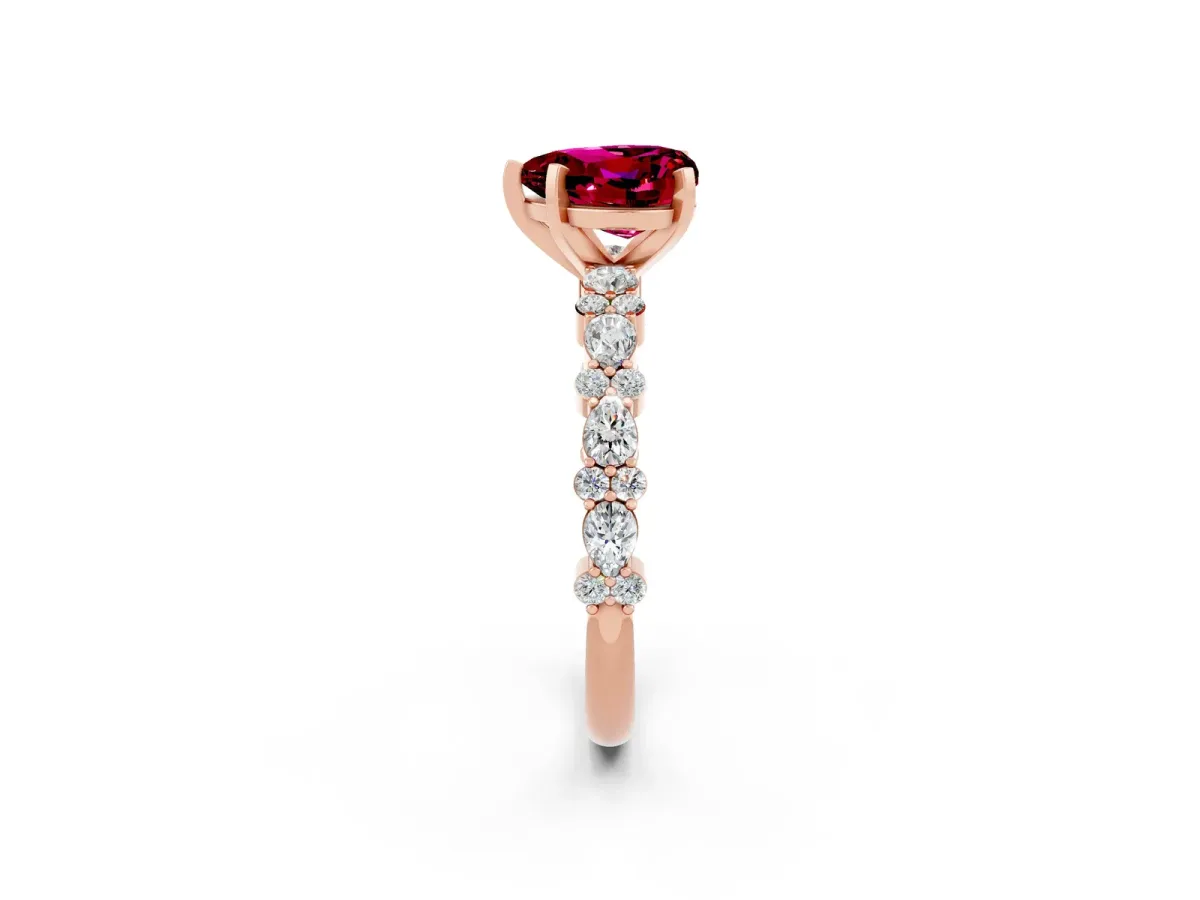 Heart Cut Garnet Side Stone Solitaire Ring with Round and Four-Prong Setting Rose gold