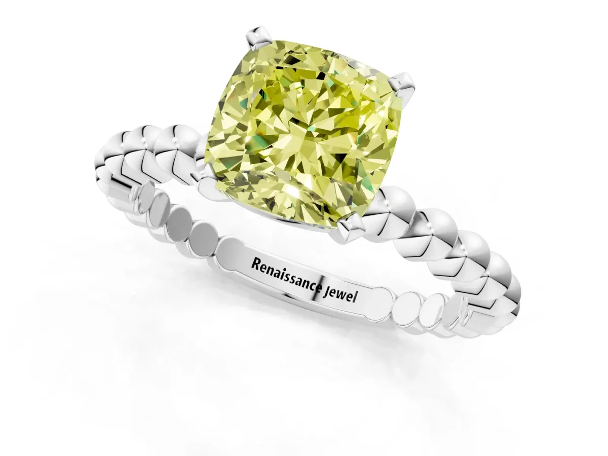 Fancy Yellow Cushion Cut Diamond Solitaire Ring with Beaded Band and Prong Setting Platinum