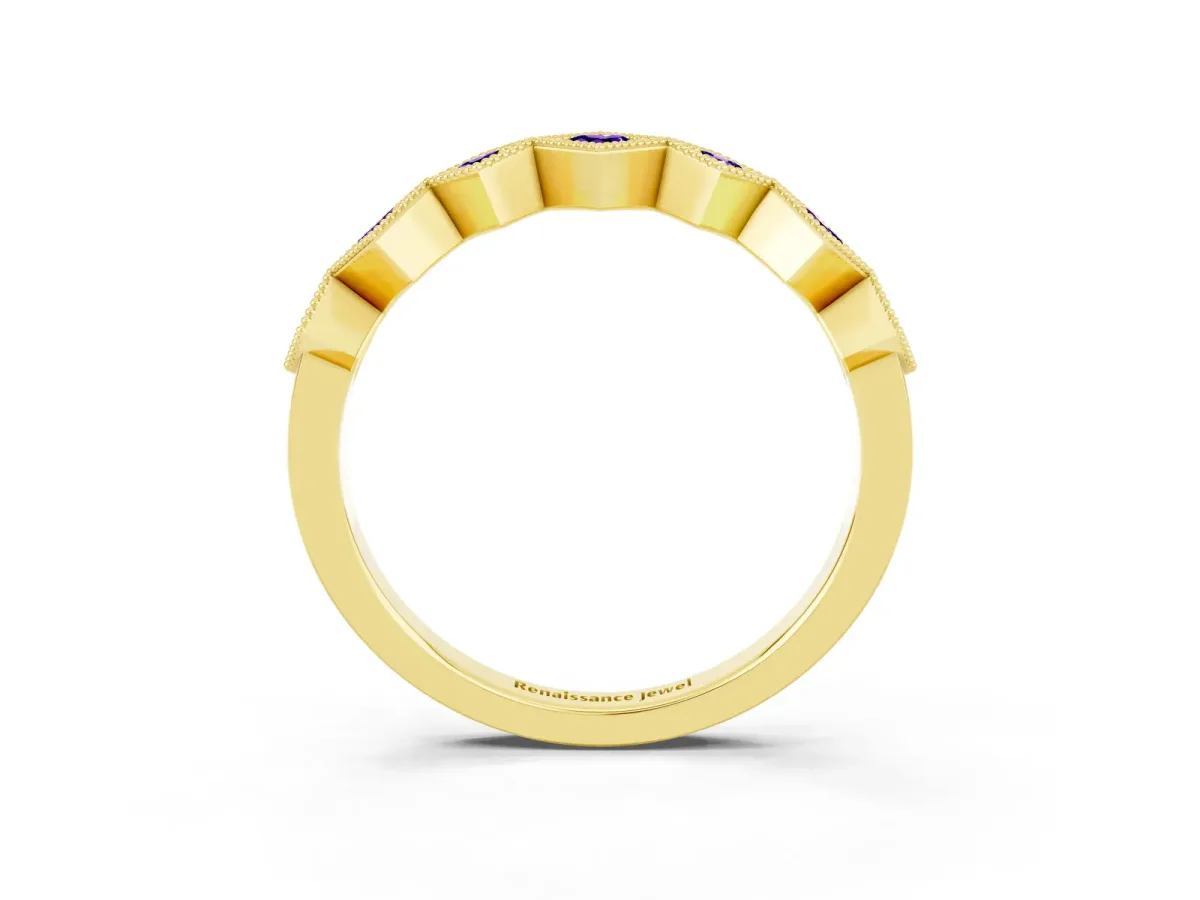 Milgrain Square Bezel Round Tanzanite Chevron Band Yellow gold