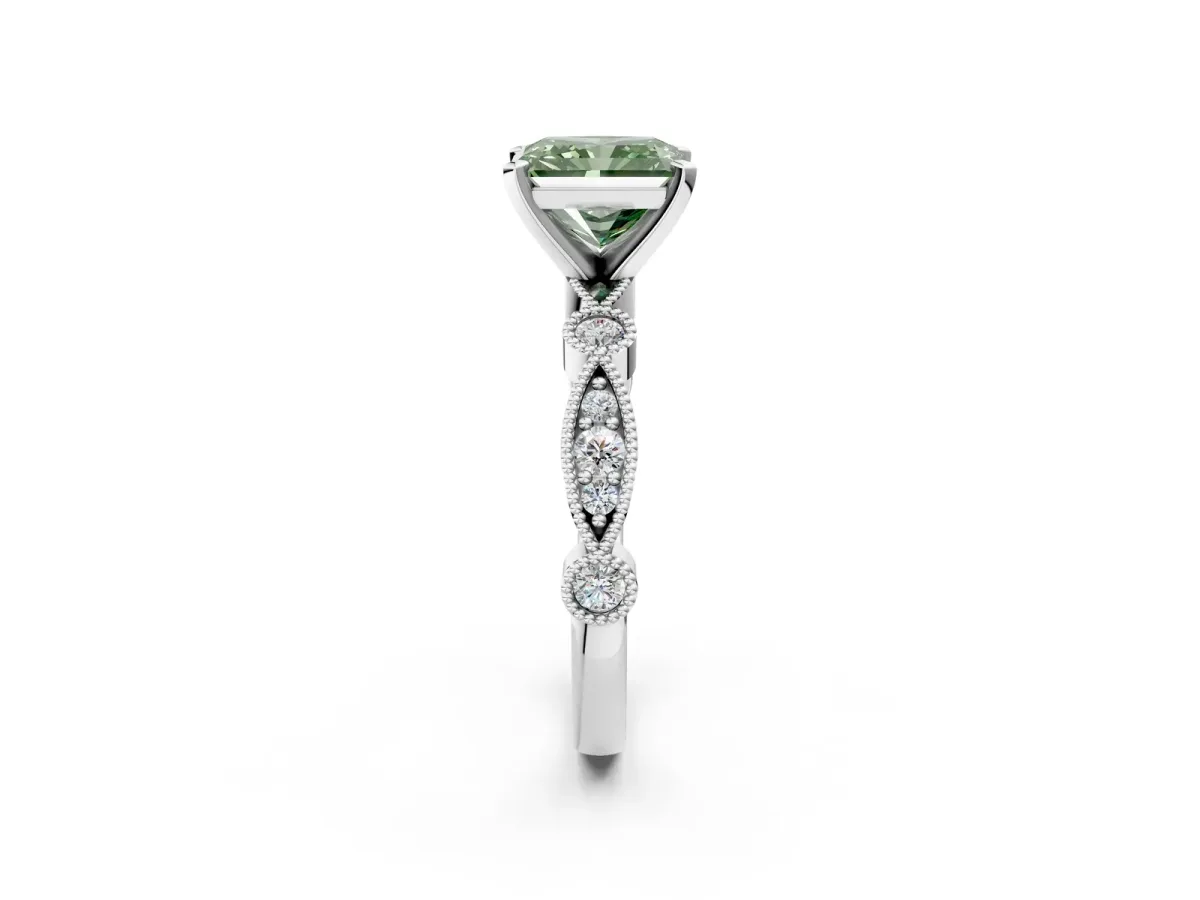 Fancy Green Radiant Cut Milgrain Bezel Diamond Engagement Ring with Solitaire Prong Setting Platinum