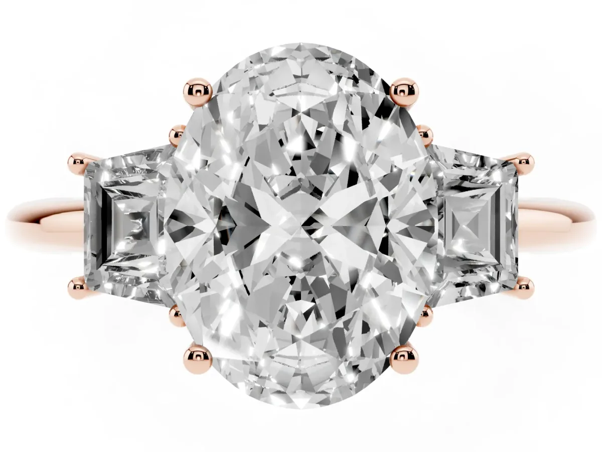 Oval Cut Diamond Three-Stone Ring with Trapezoid Side Stones and Prong Setting Rose gold