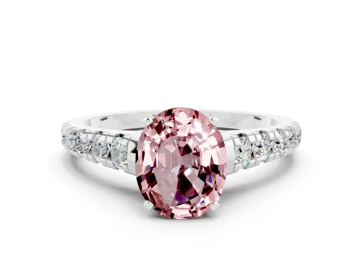 Oval Cut Morganite Cathedral Solitaire Ring with Round Pavé Band Platinum
