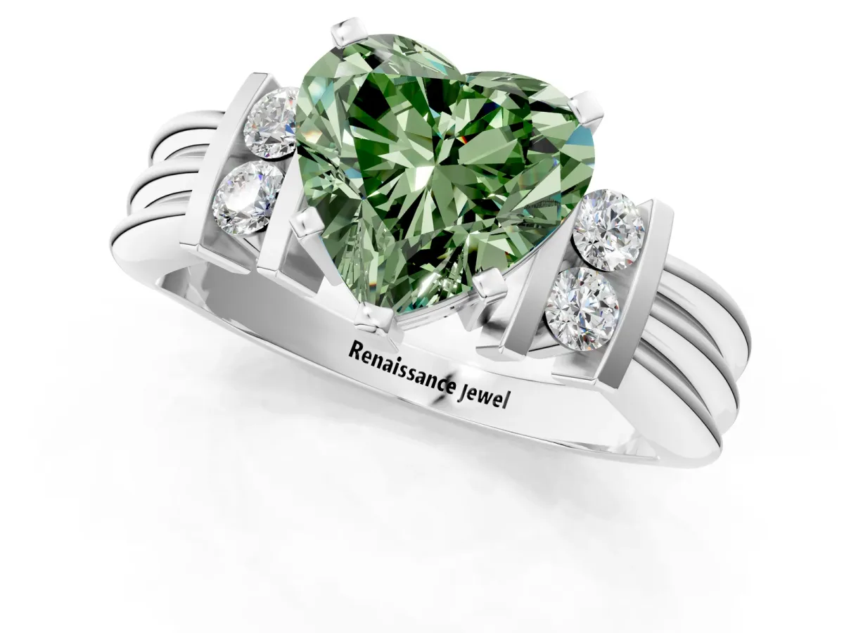 Fancy Green Heart Cut Cut Three-Stone Channel Set Ring with Bar Prongs Platinum
