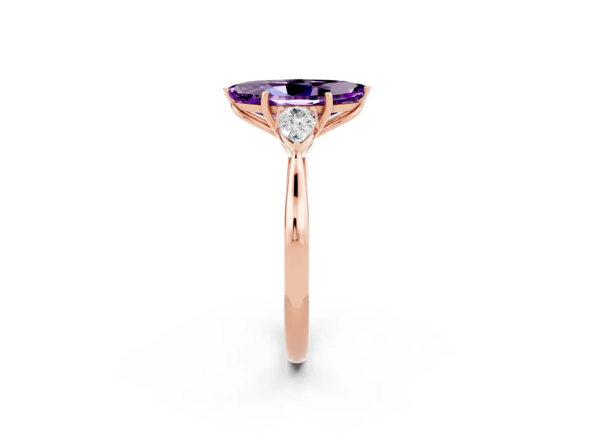 Marquise Cut Amethyst Three-Stone Ring with Pear Side Stones and Prong Setting Rose gold
