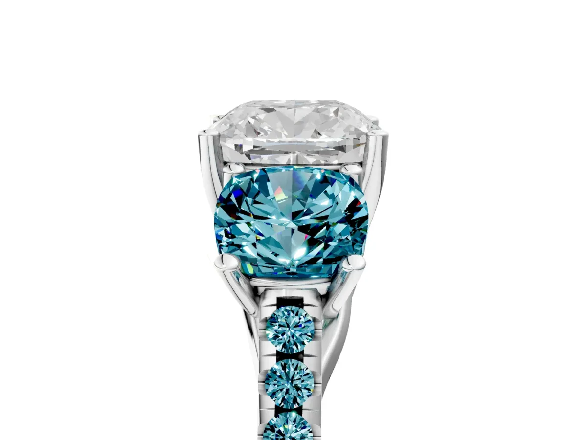 Three-Stone Cushion Cut Diamond Ring with Round Blue Topaz Pavé Band and Prong Setting Silver