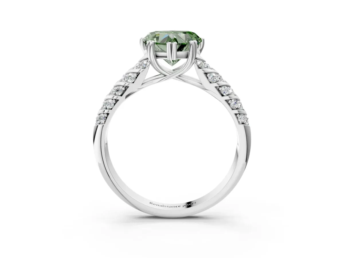 Fancy Green Heart Cut Solitaire Chevron Pave Diamond Engagement Ring with Six-Prong Setting Platinum