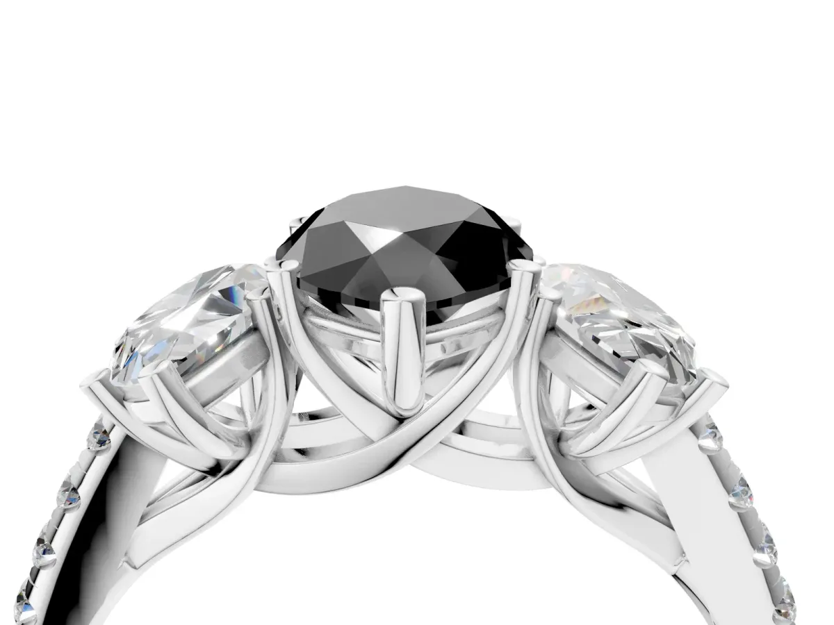 Fancy Black Three-Stone Marquise Cut Diamond Ring with Round Pavé Band and Prong Setting Silver