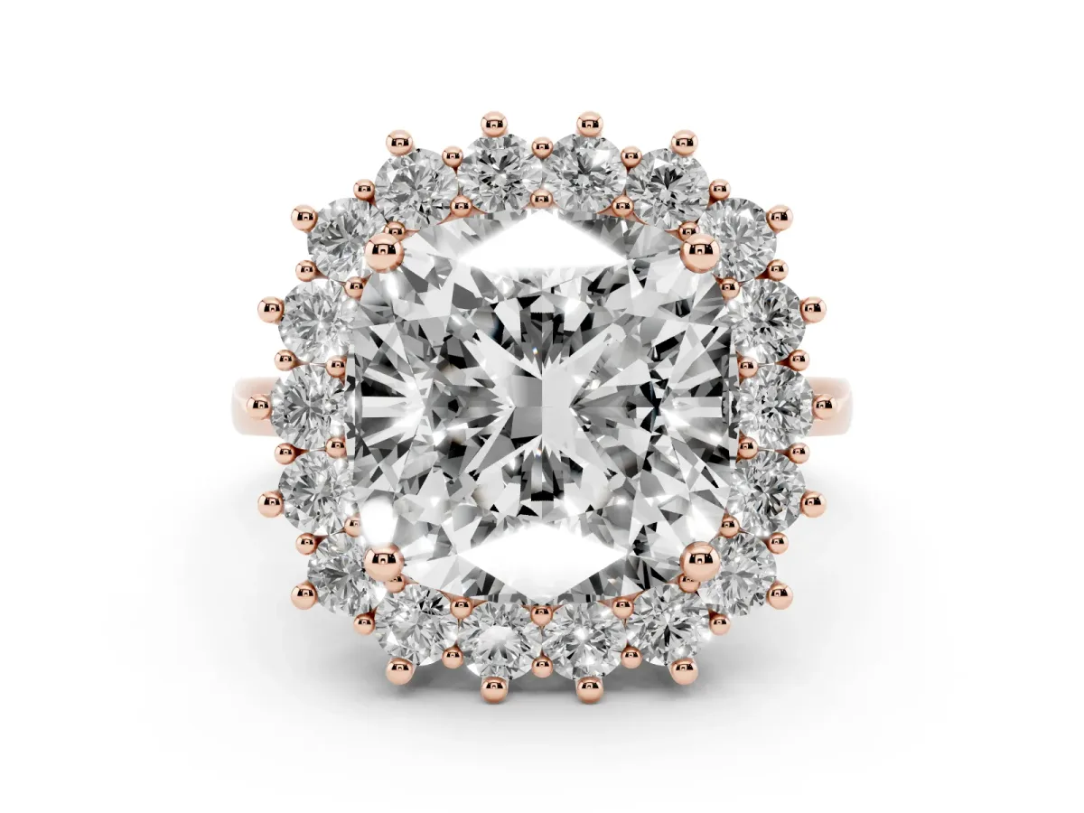 Cushion Diamond Halo Engagement Ring with Round Diamond Accents Rose gold