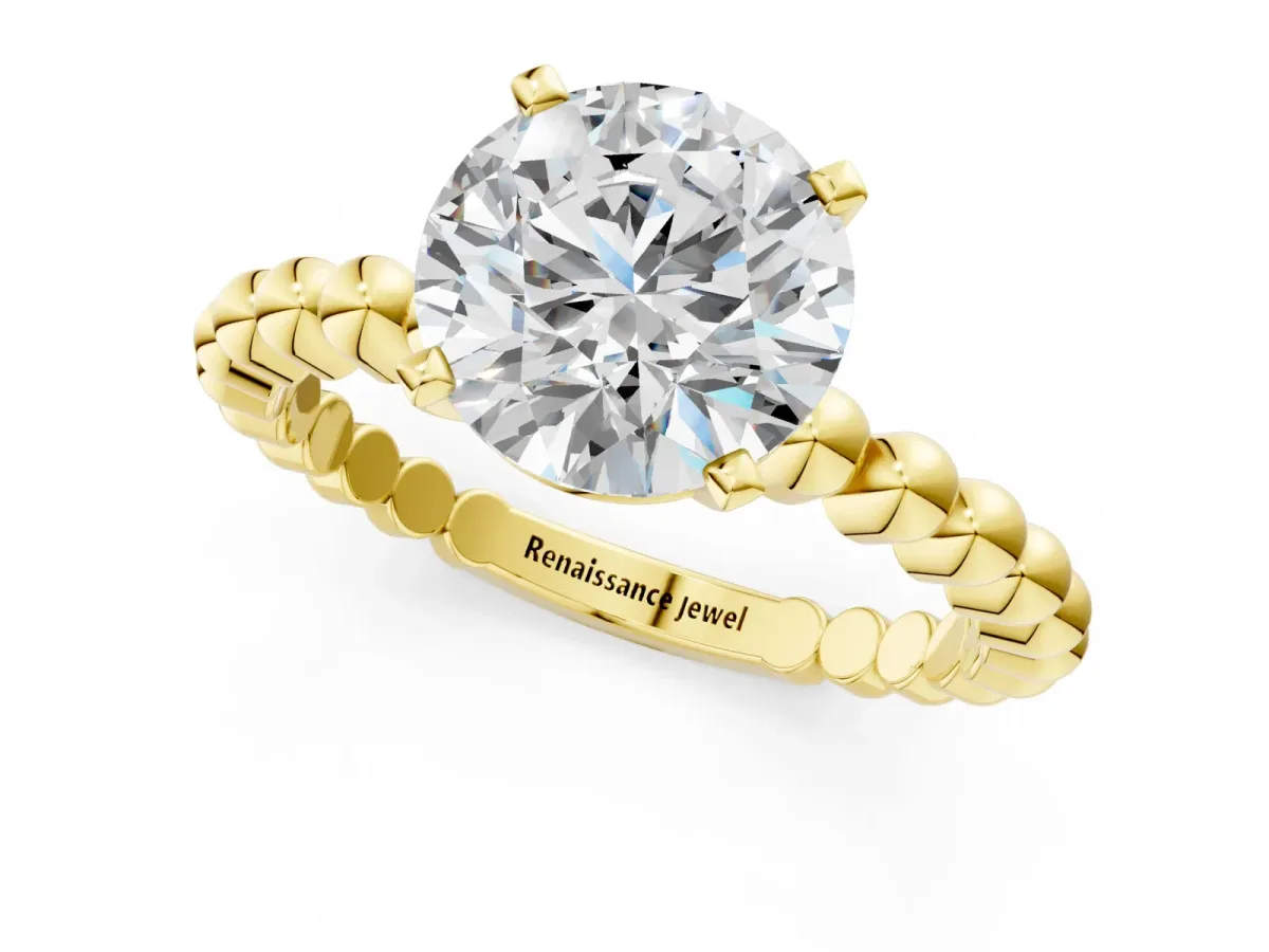 Round Cut Diamond Solitaire Ring with Beaded Band and Prong Setting Yellow gold