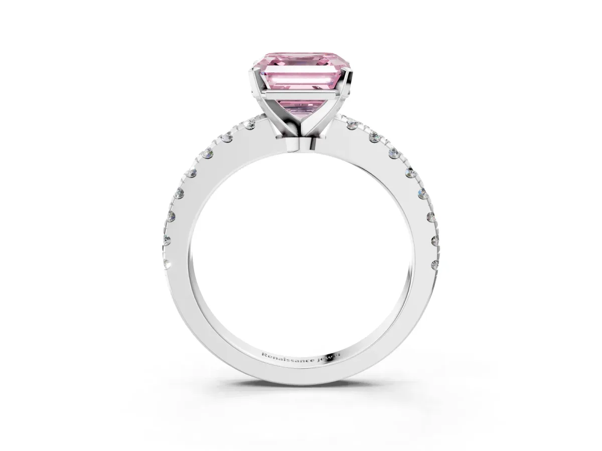 Fancy Pink Asscher Cut Solitaire Diamond with Pavé Band and Four-Prong Setting Silver