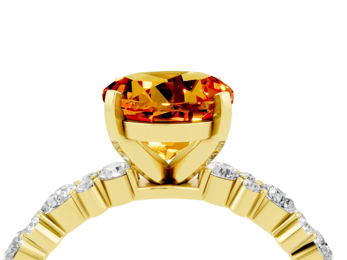 Round Cut Citrine Side Stone Solitaire Ring with Round and Four-Prong Setting Yellow gold