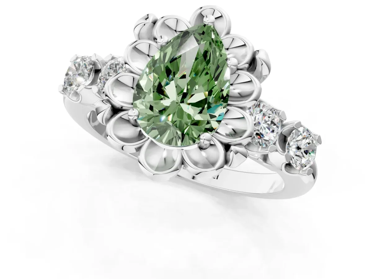 Fancy Green Pear Cut Cut Diamond Floral Halo Engagement Ring with Shared Prong Setting Silver