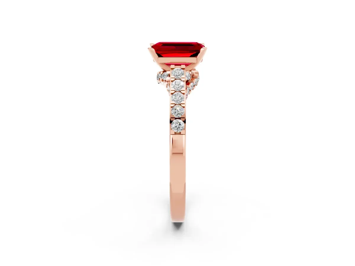 Emerald Cut Ruby Solitaire Ring with Crossover Gallery and Round Pavé Band Rose gold