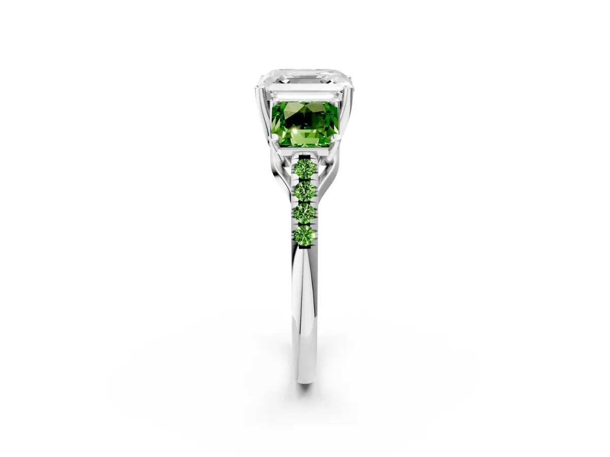Three-Stone Asscher Cut Diamond Ring with Round Peridot Pavé Band and Prong Setting Silver