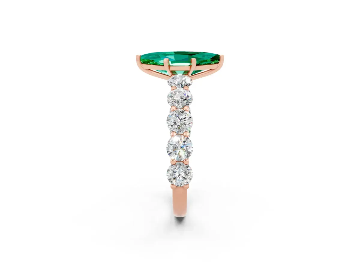 Marquise Cut Emerald Prong Setting with Side Stones on a Pave Band Rose gold