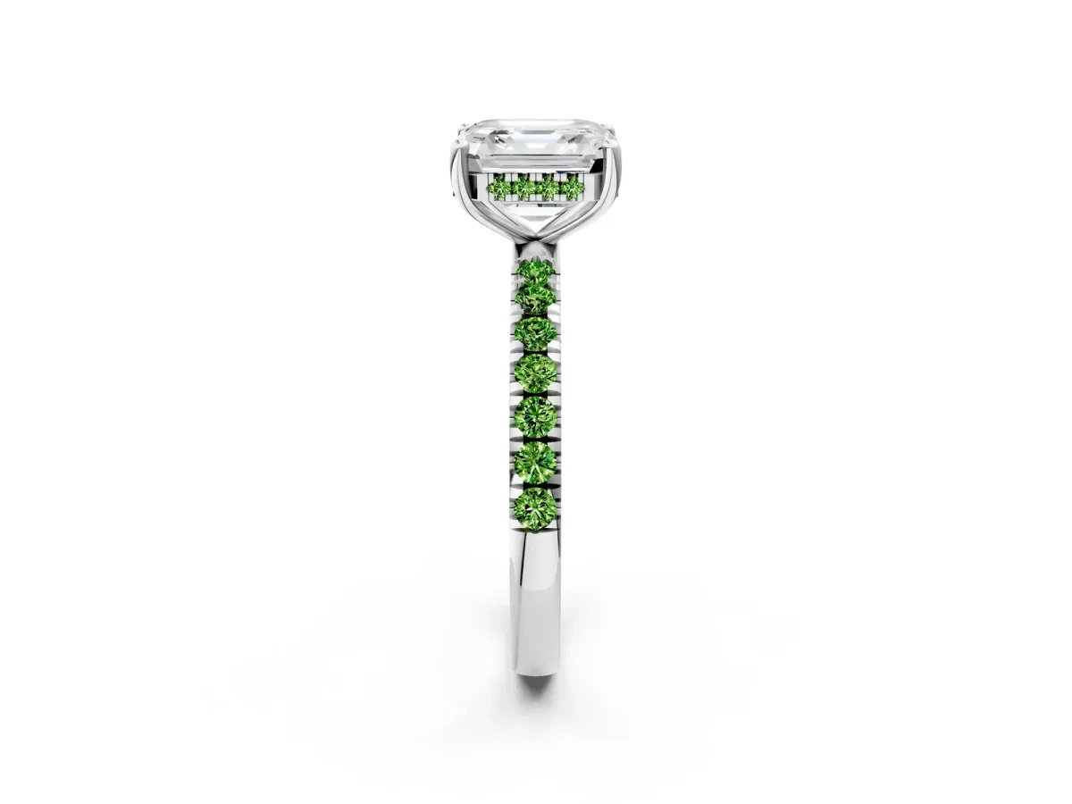 Asscher Cut Diamond Pave Band Solitaire Ring with Round Peridot and Prong Setting Silver