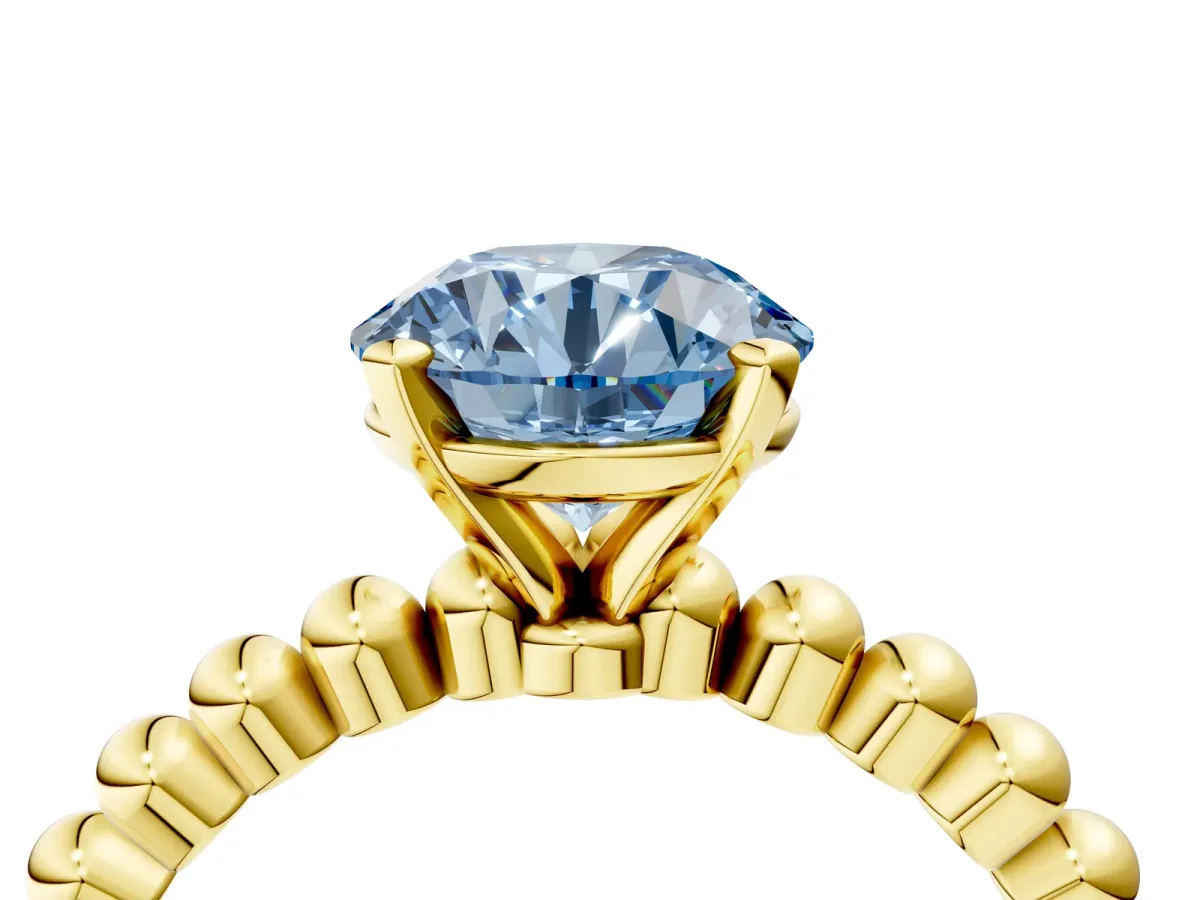Fancy Blue Round Cut Diamond Solitaire Ring with Beaded Band and Prong Setting Yellow gold