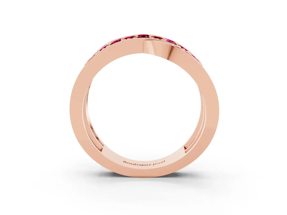 Pavé Round Garnet Crossover Band with Bead Prong Setting Rose gold