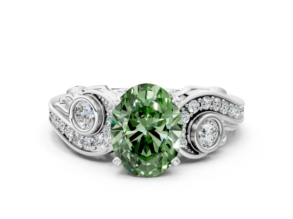 Fancy Green Oval Cut Diamond Solitaire Ring with Milgrain Pavé Band and Four-Prong Setting Silver