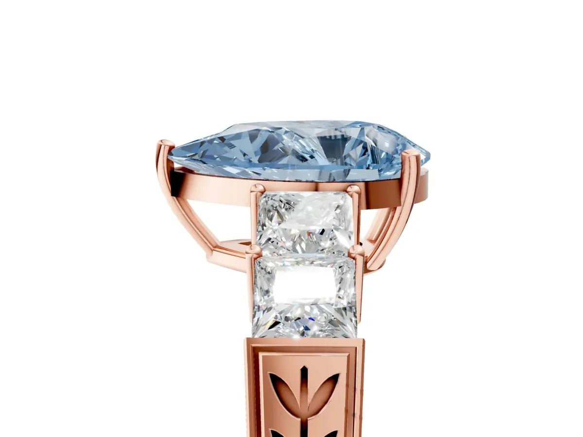 Fancy Blue Pear Cut Solitaire Princess Side Stone Engraved Band Prong Setting Ring Rose gold