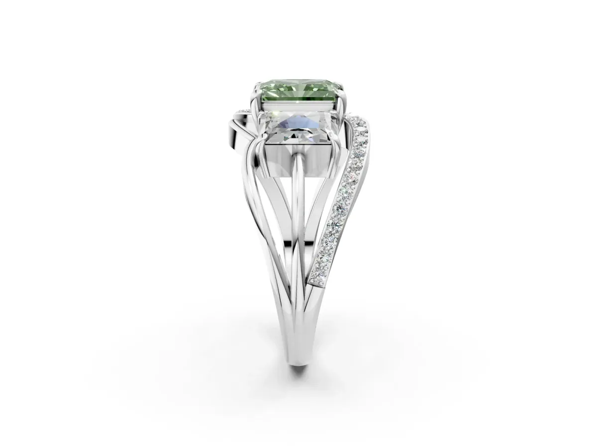 Fancy Green Three-Stone Radiant Cut Cut Diamond Split Shank Prong Set Ring Platinum