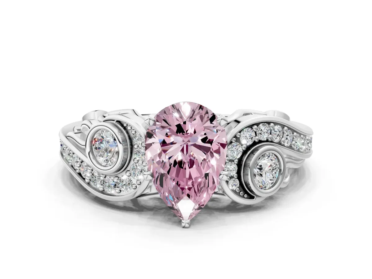 Fancy Pink Pear Cut Diamond Solitaire Ring with Milgrain Pavé Band and Four-Prong Setting Silver