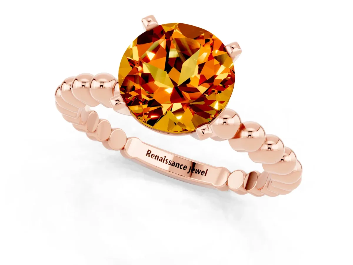 Round Cut Citrine Solitaire Ring with Beaded Band and Prong Setting Rose gold