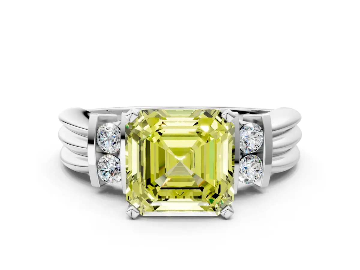 Fancy Yellow Asscher Cut Cut Three-Stone Channel Set Ring with Bar Prongs Platinum
