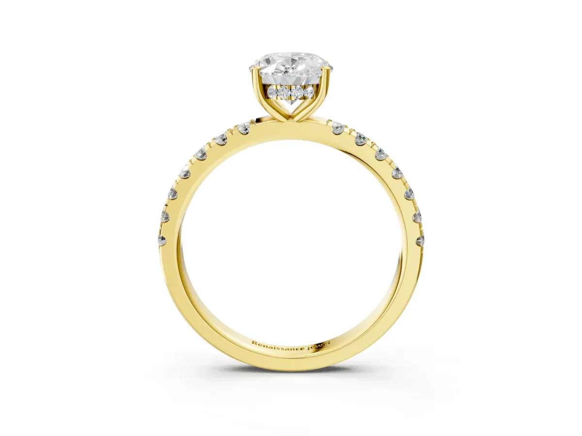 Oval Cut Diamond Pave Band Solitaire Ring with Round and Prong Setting Yellow gold