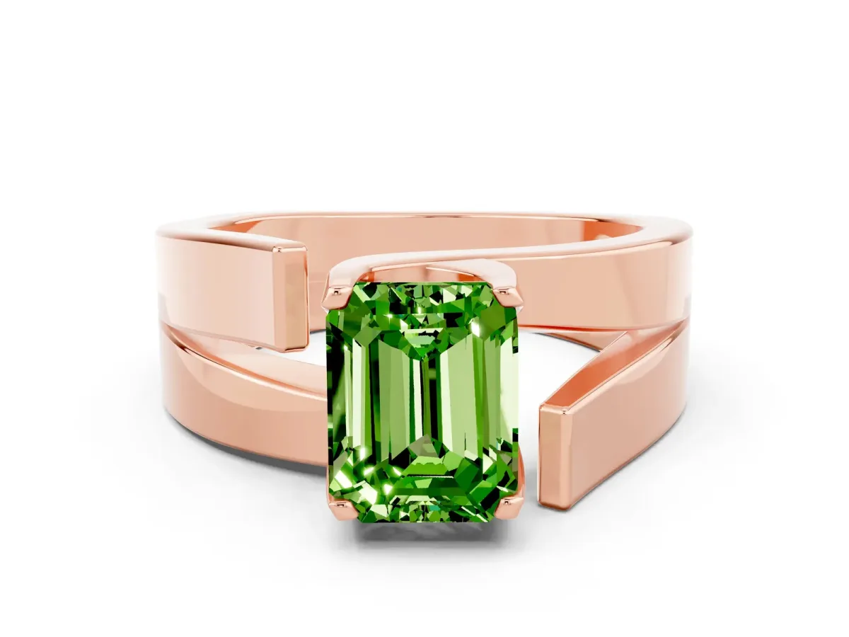 Modern Tension Set Emerald Cut Peridot Solitaire Wide Band Ring Rose gold