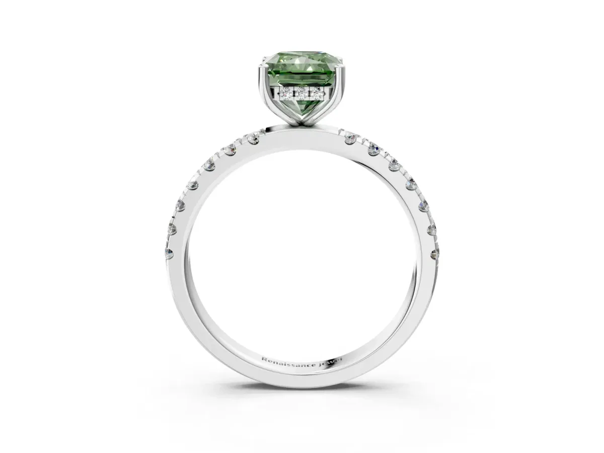 Fancy Green Radiant Cut Diamond Pave Band Solitaire Ring with Round and Prong Setting Silver