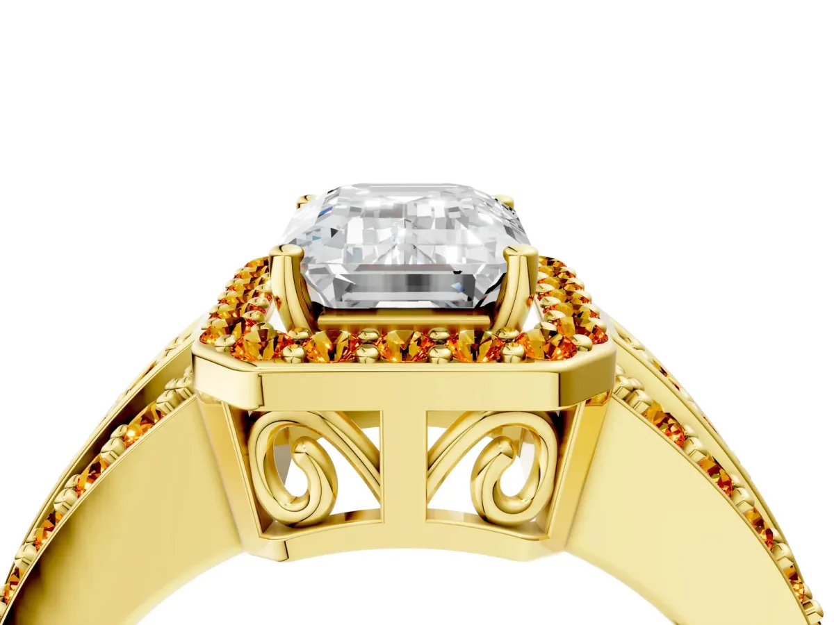 Emerald Cut Halo Diamond Ring with Round Citrine Split Shank and Prong Setting Yellow gold