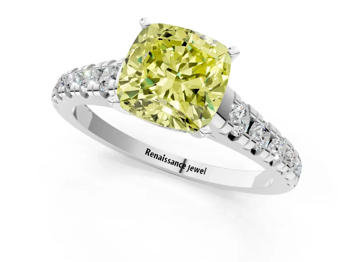 Fancy Yellow Cushion Cut Diamond Cathedral Solitaire Ring with Round Pavé Band Silver