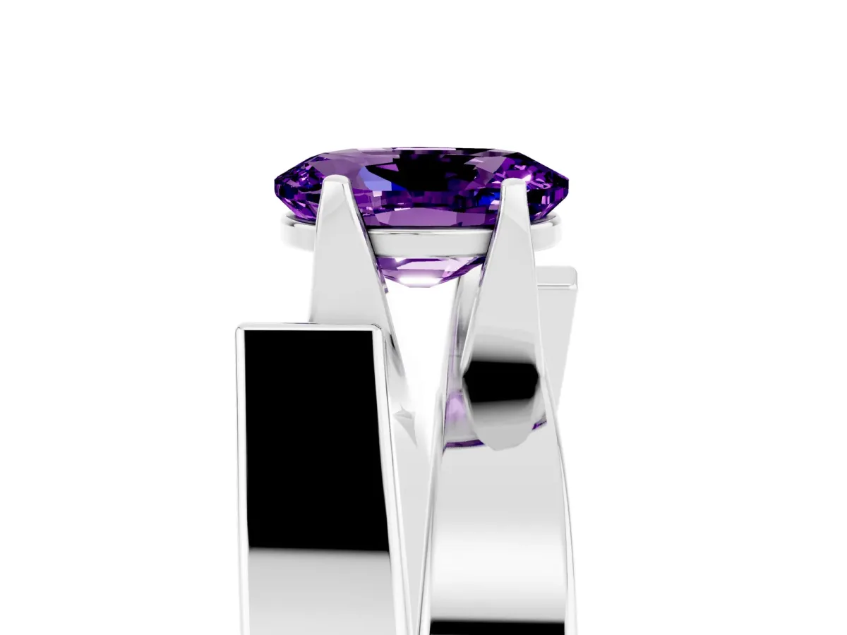 Modern Tension Set Oval Cut Amethyst Solitaire Wide Band Ring Platinum