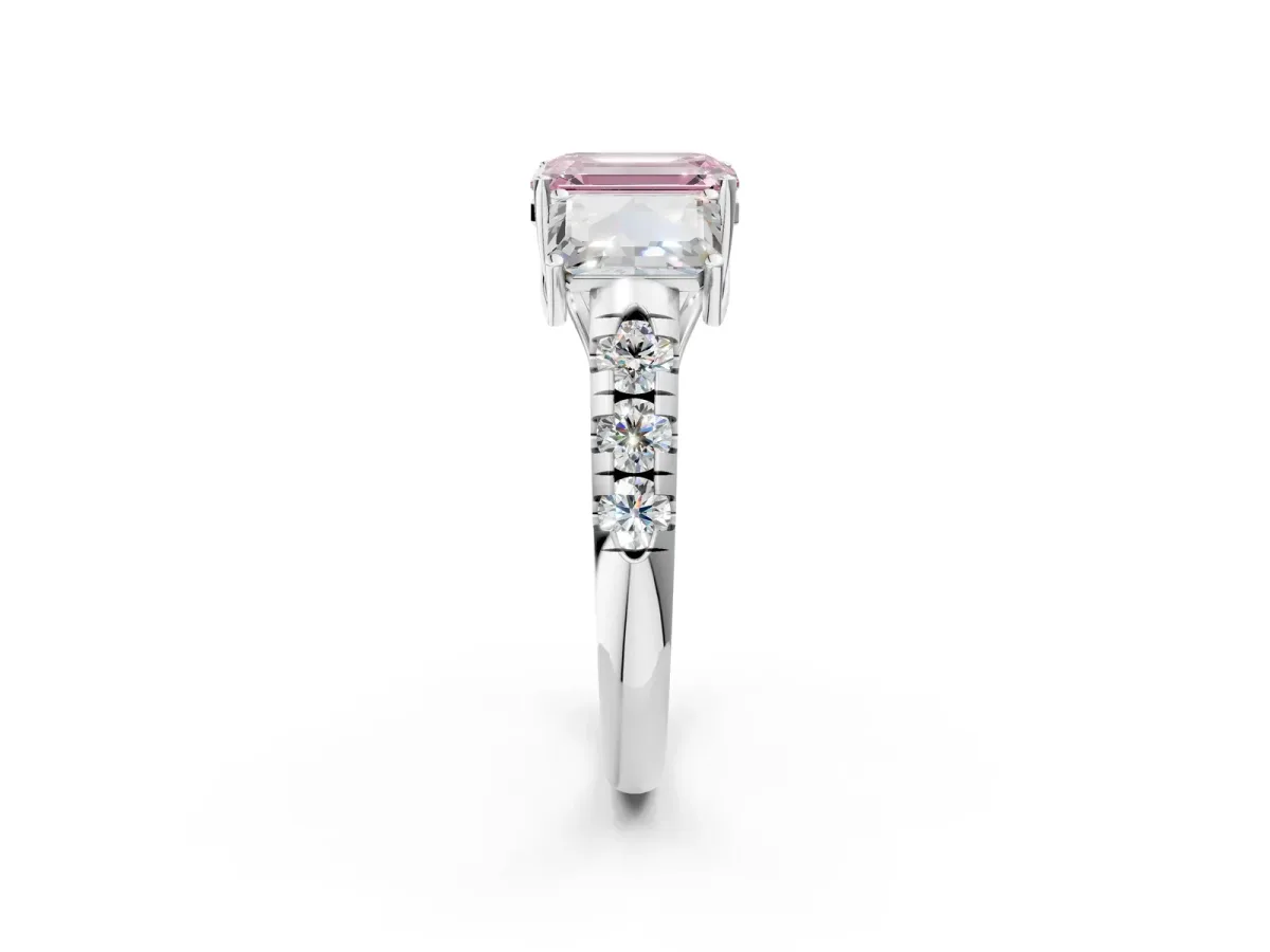 Fancy Pink Three-Stone Emerald Cut Diamond Pavé Band with Prong Setting Platinum