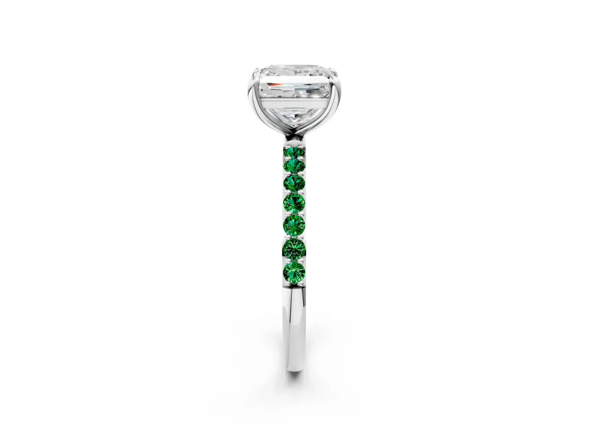 Princess Cut Diamond Solitaire Ring with Round Emerald Pavé Band and Prong Setting Platinum