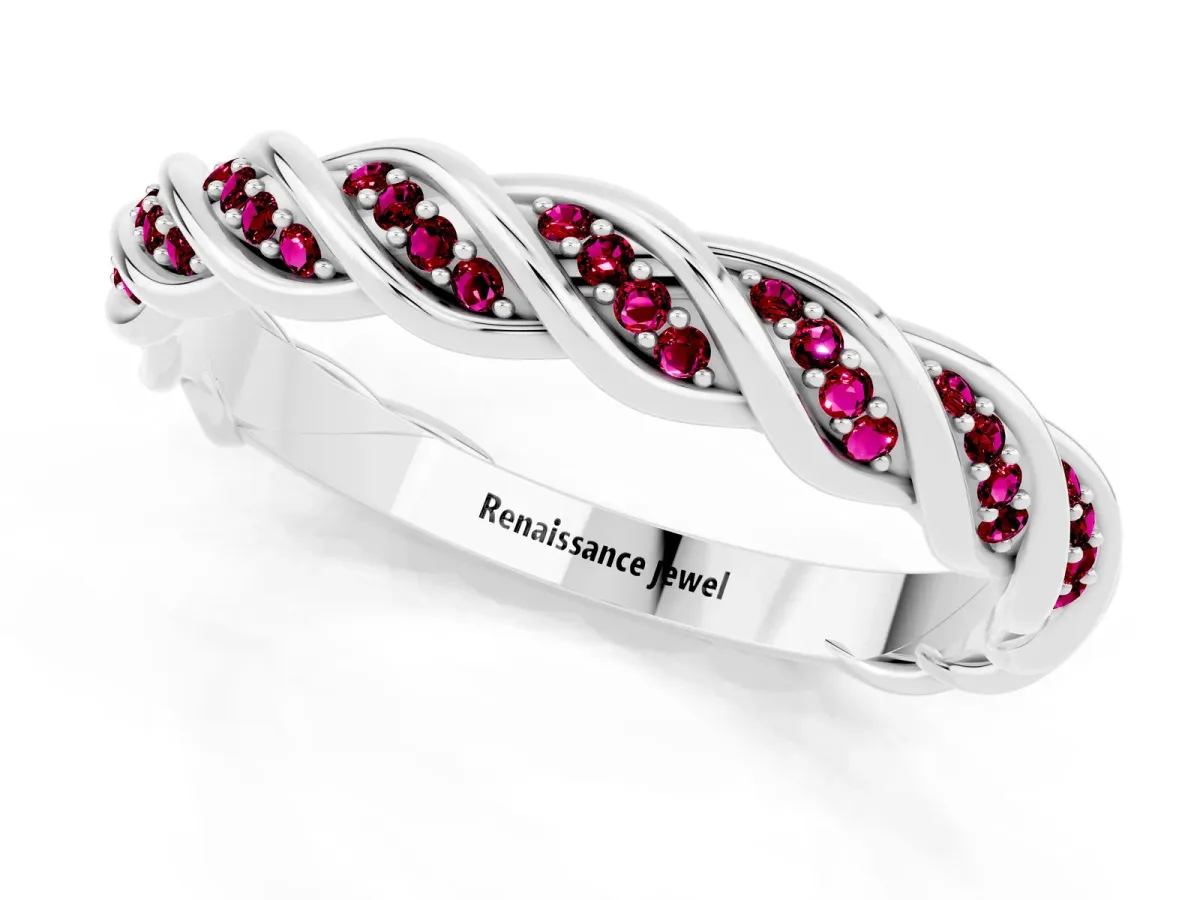 Twisted Pavé Round Garnet Eternity Band with Shared Prong Setting Platinum