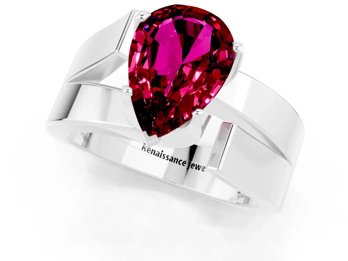 Modern Tension Set Pear Cut Garnet Solitaire Wide Band Ring Platinum