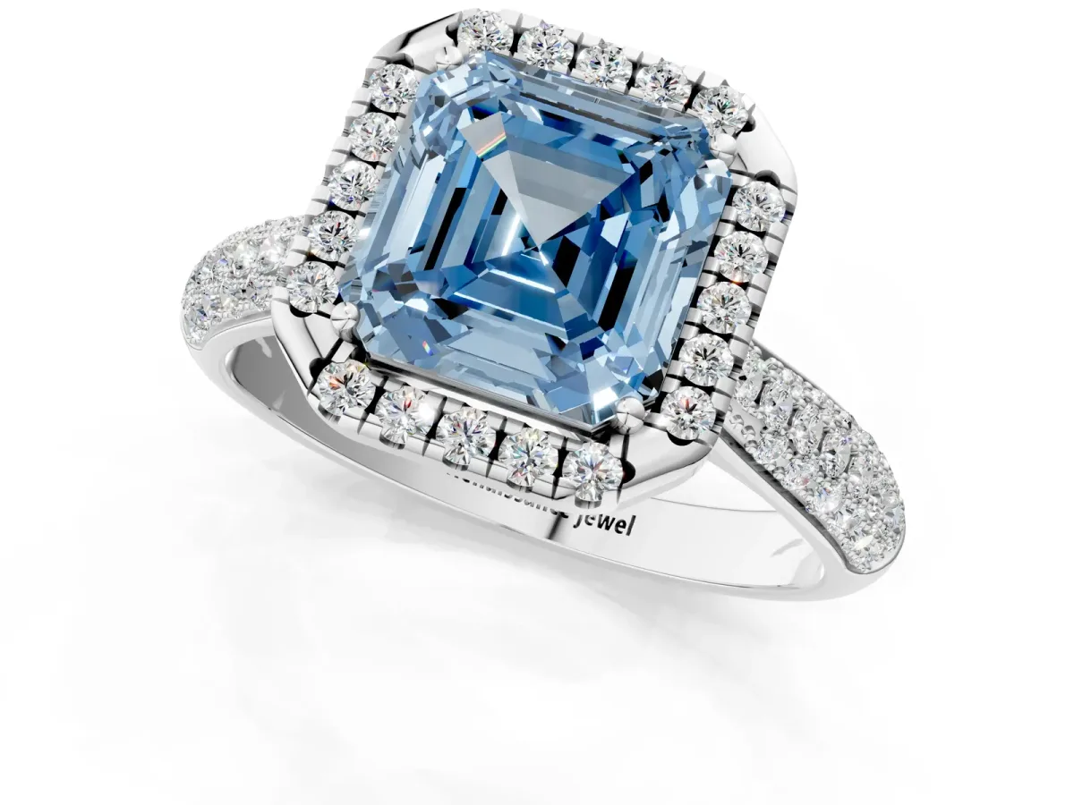 Fancy Blue Asscher Cut Halo Diamond Ring with Pavé Band Platinum