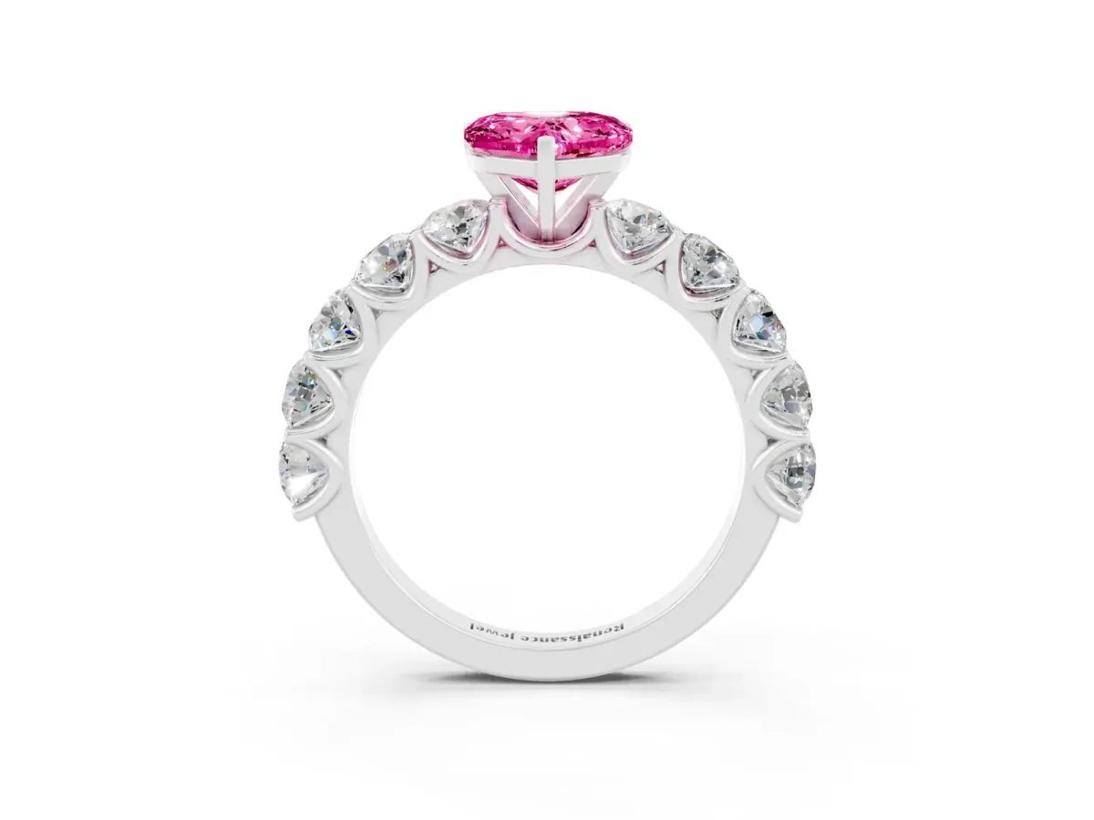 Heart Cut Pink Sapphire Prong Setting with Side Stones on a Pave Band Silver