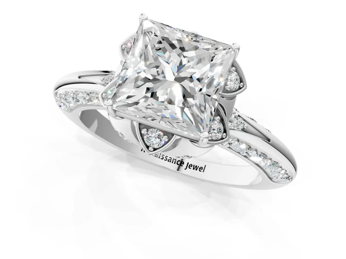 Princess Cut Halo Split Shank Pave Diamond Ring with Petal Prong Setting White gold