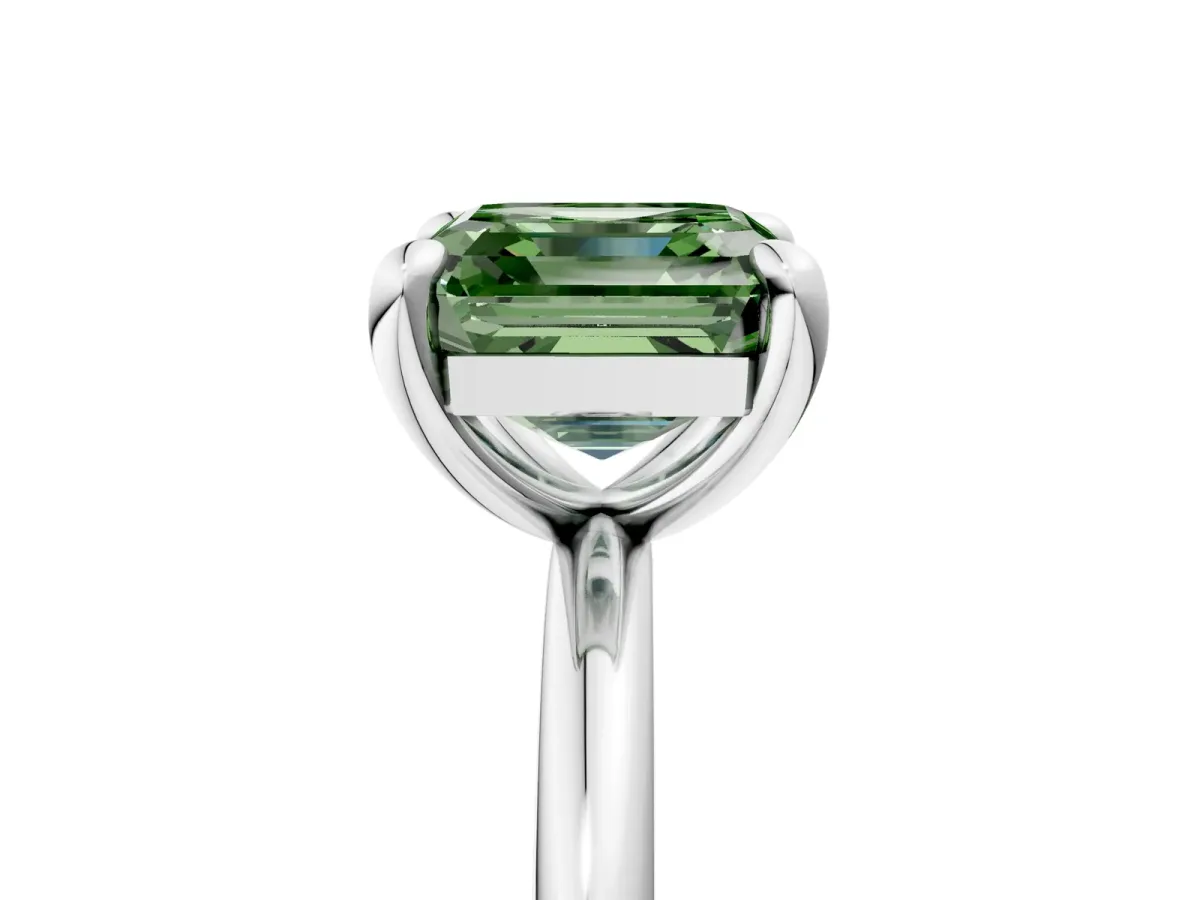 Fancy Green Asscher Cut Solitaire Diamond Ring with Four-Prong Setting on a Plain Band Platinum