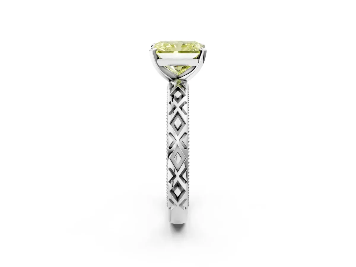 Fancy Yellow Radiant Cut Solitaire Diamond Ring with Milgrain and Black Enamel X Pattern Band Platinum