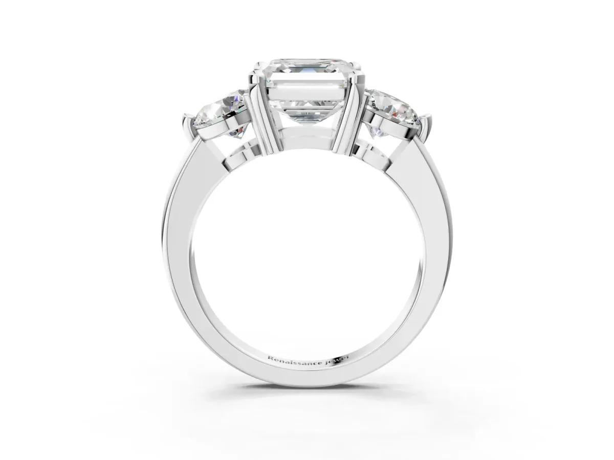 Three-Stone Asscher Cut Brilliant Cut Solitaire Ring with Prong Setting on a Classic Band Platinum
